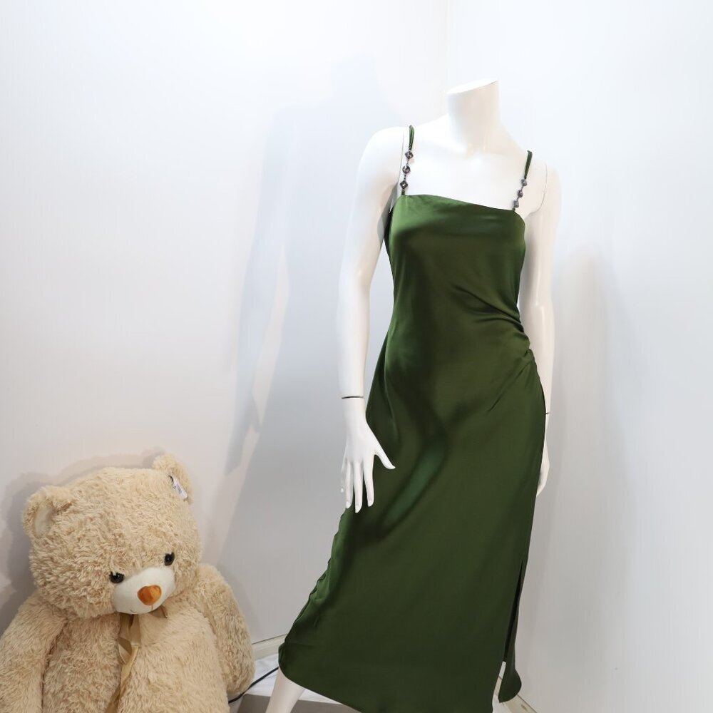 Zara Satin Effect Maxi Dress with Jewel Straps in Green Size M